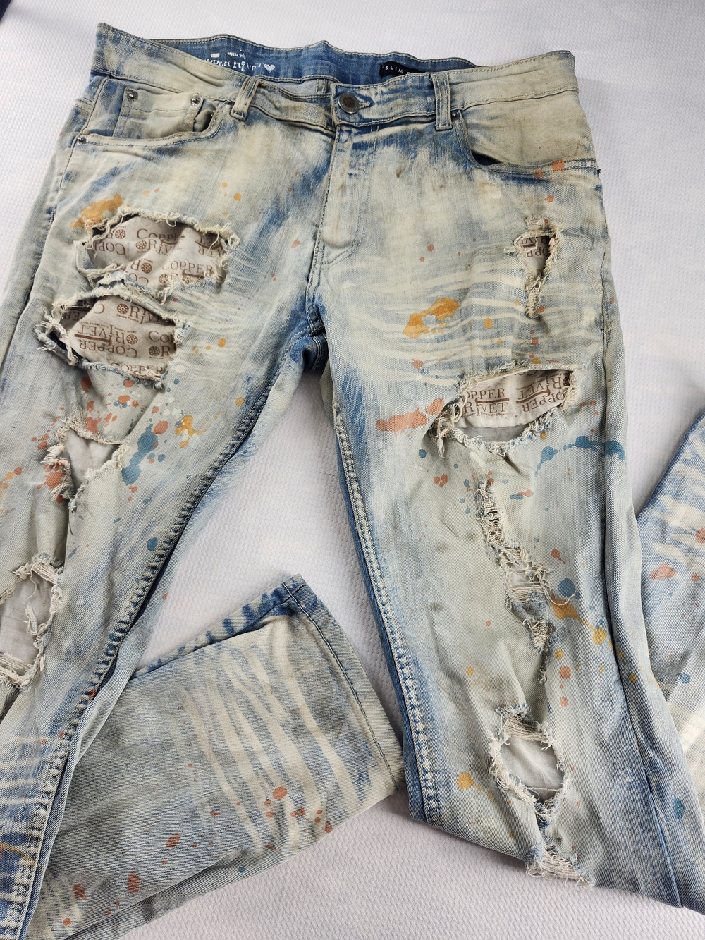 Copper Rivet Slim Fit Paint Splatter Grunge Distressed Stretch Denim Jeans 34x32